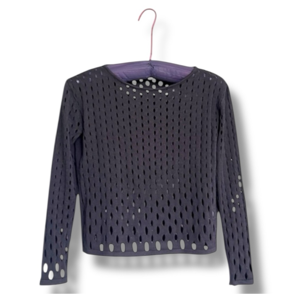 Milly Grading Black Pointelle Hole Shredded Silk-Blend Sweater Size P (XS)